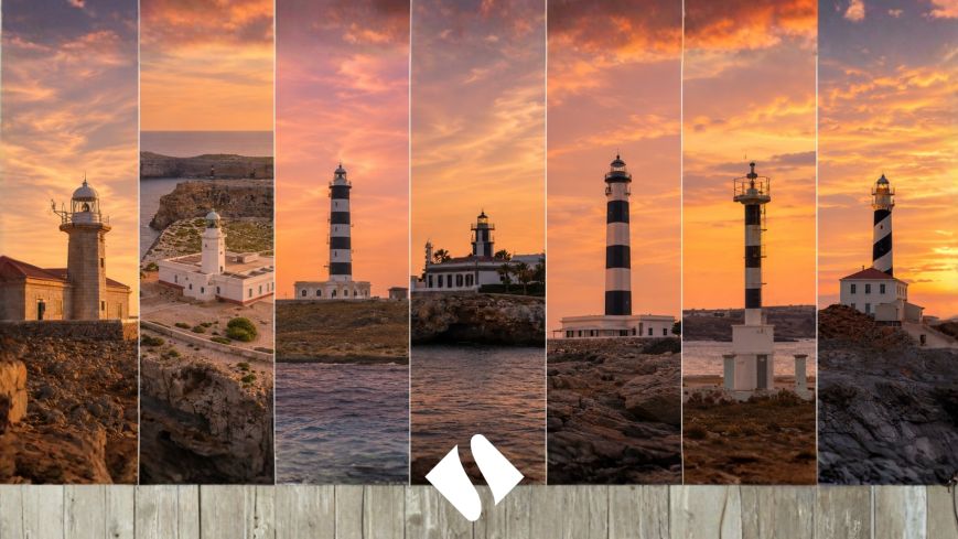 Ruta por los siete faros de Menorca al atardecer con paisajes costeros, mar Mediterráneo y acantilados.