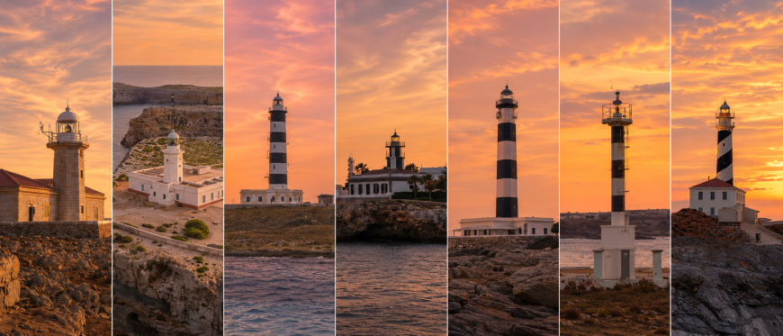 Ruta por los siete faros de Menorca al atardecer con paisajes costeros, mar Mediterráneo y acantilados.