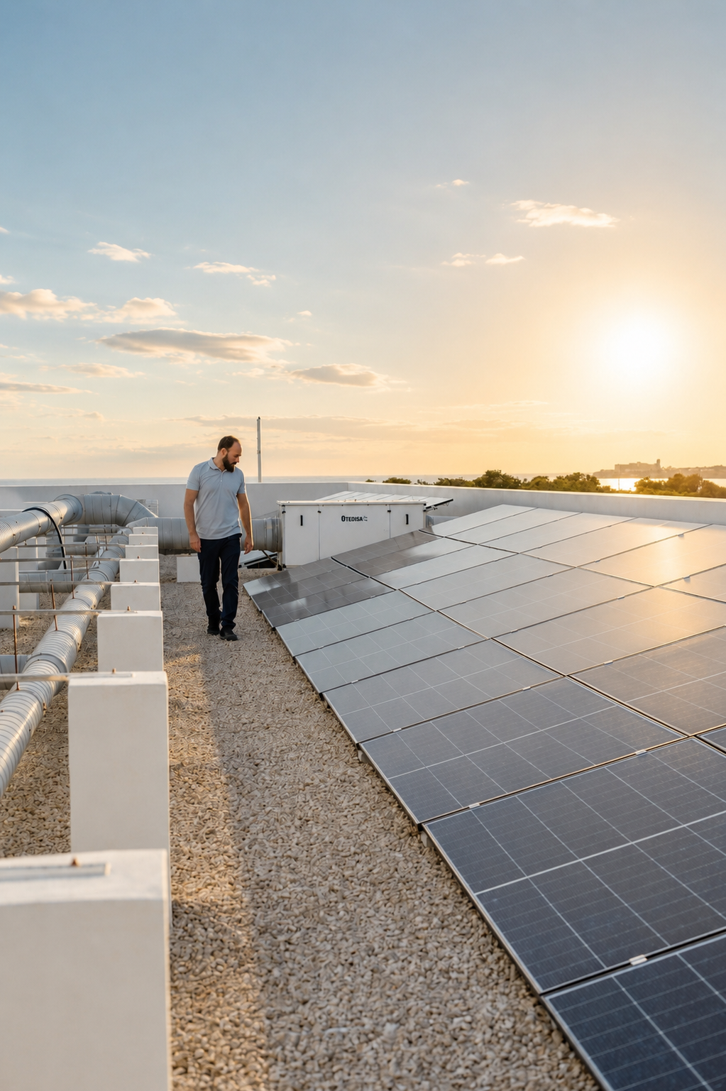 Technicien inspectant les panneaux solaires du Gran Sagitario