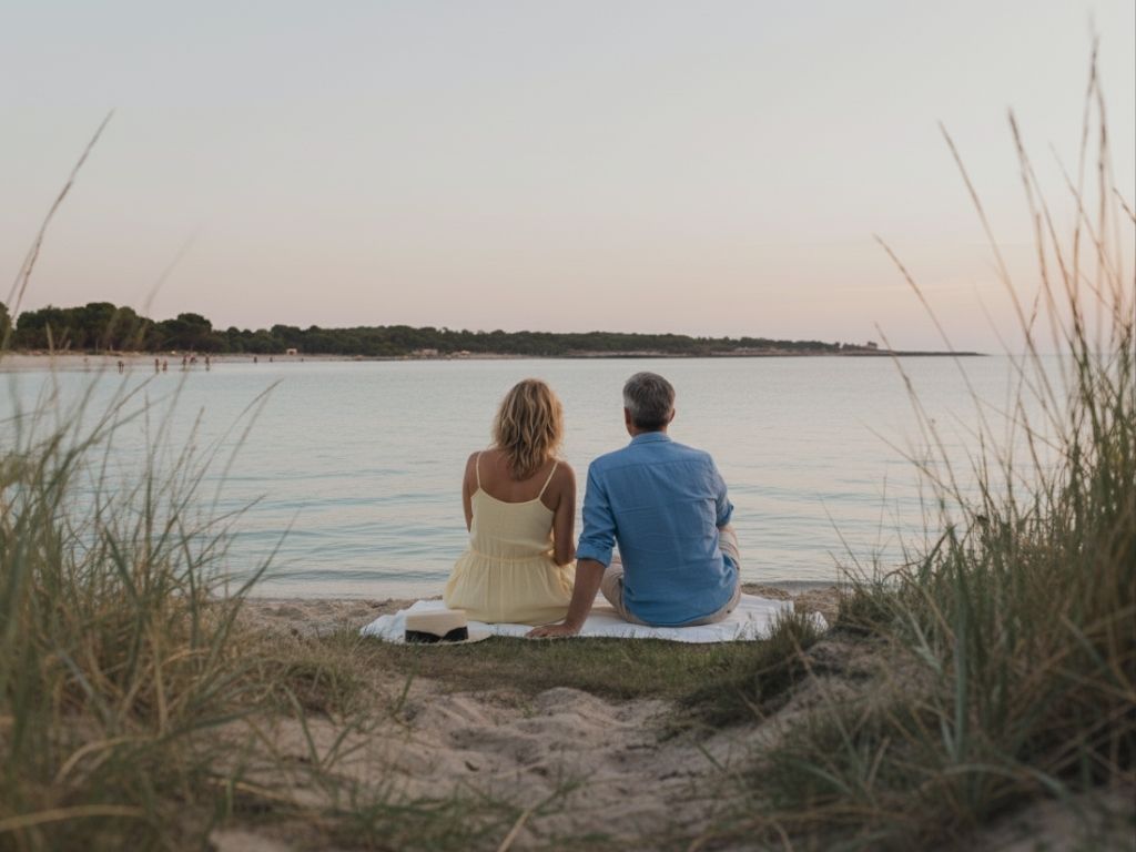 Virgin Son Saura beach in Menorca with turquoise waters and pines; perfect for a couple’s picnic