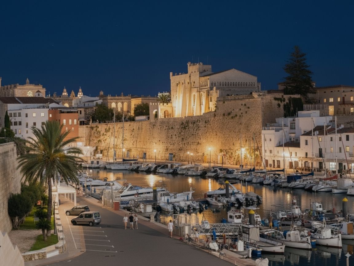 Ciutadella’s old harbour at night, ideal for a romantic dinner by the sea