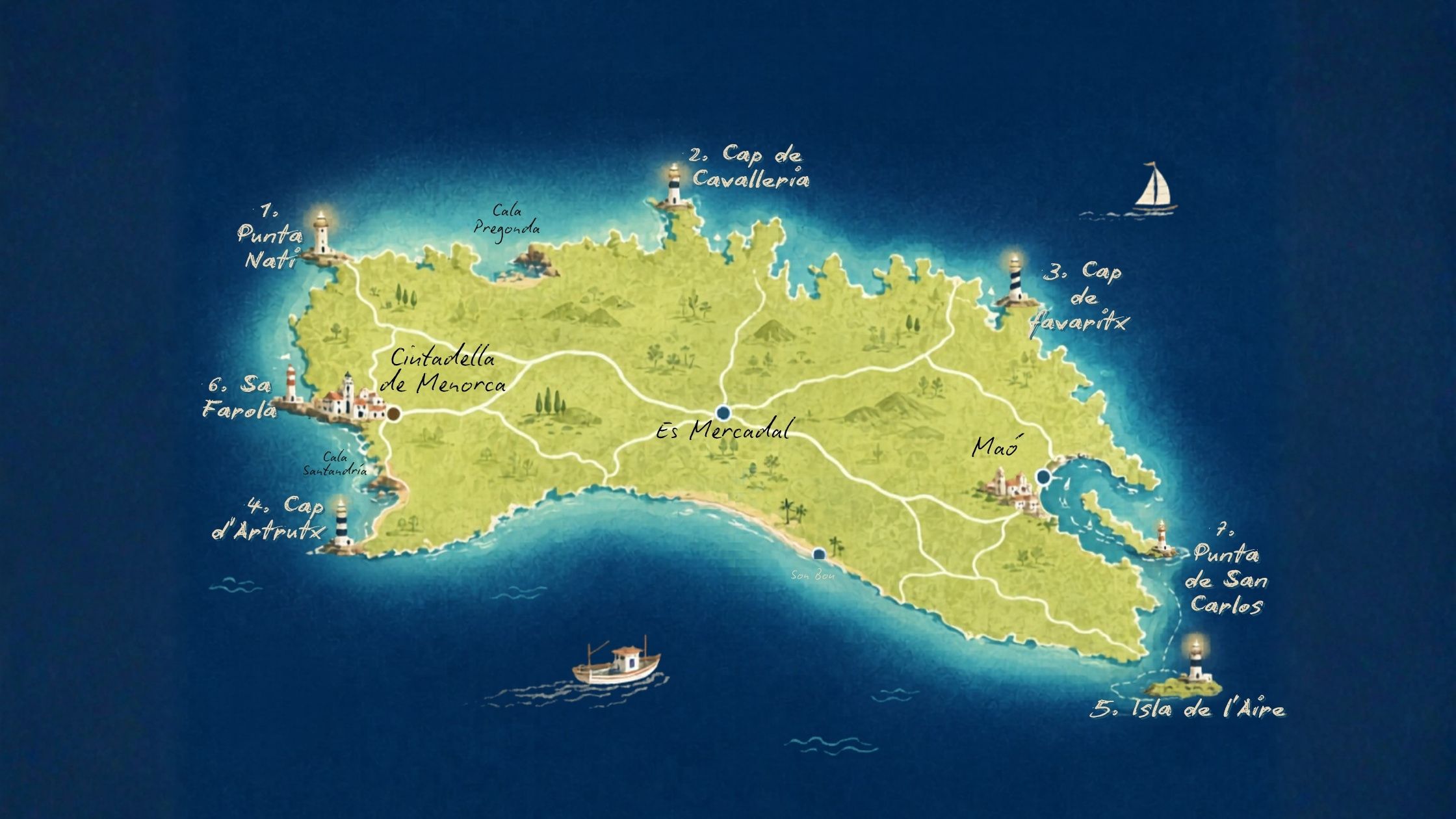 Mappa dei 7 principali fari di Minorca