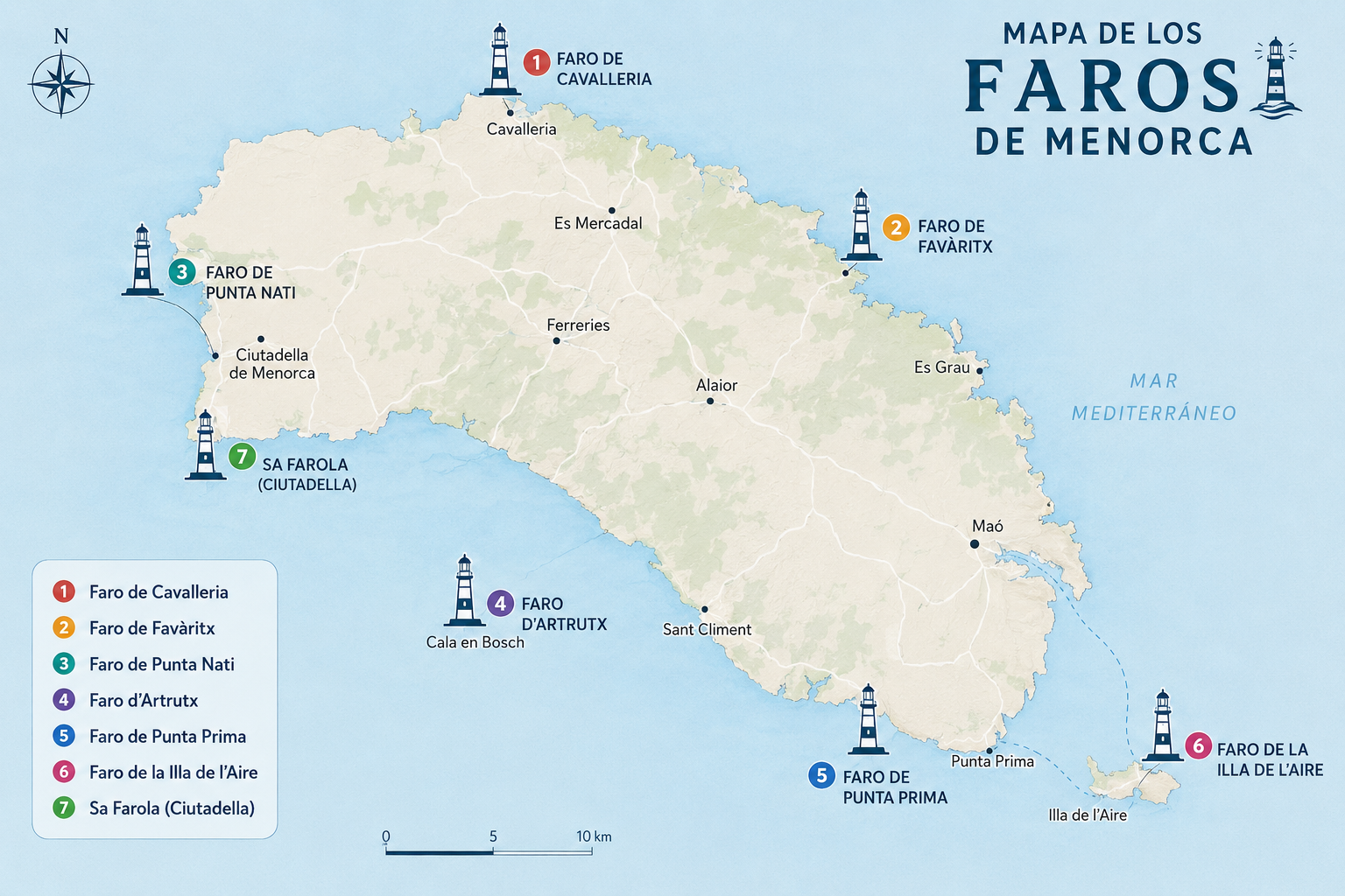 Mapa de los 7 faros principales de Menorca