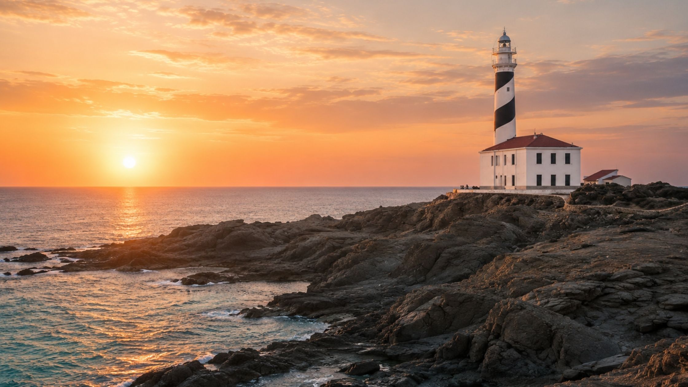 Faro de Favàritx en Menorca con paisaje rocoso y vistas al mar