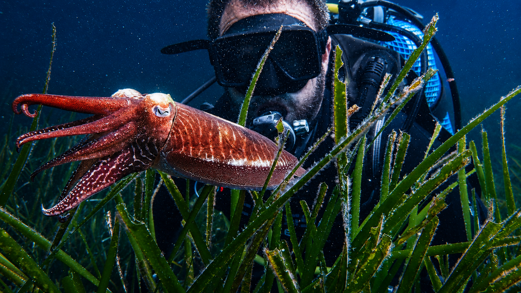 A diver observing a cuttlefish amongst Posidonia seagrass during a dive in Menorca