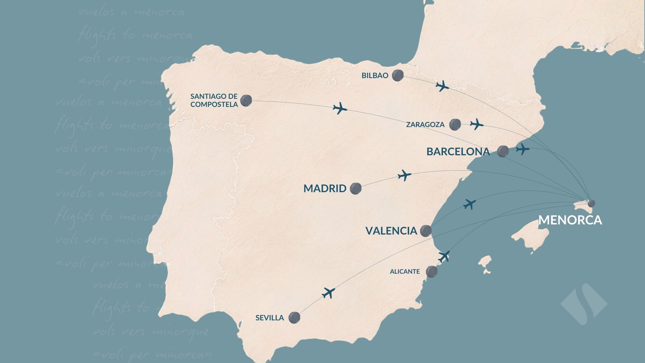 Mapa de vuelos a Menorca desde España con rutas desde Barcelona, Madrid, Valencia, Alicante, Bilbao, Sevilla, Zaragoza y Santiago de Compostela
