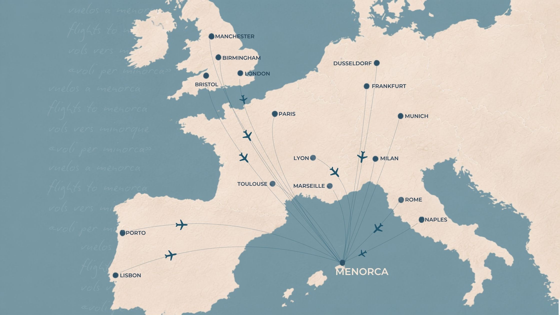 Mapa de vuelos a Menorca desde Europa con rutas desde Reino Unido, Francia, Italia, Alemania y Portugal