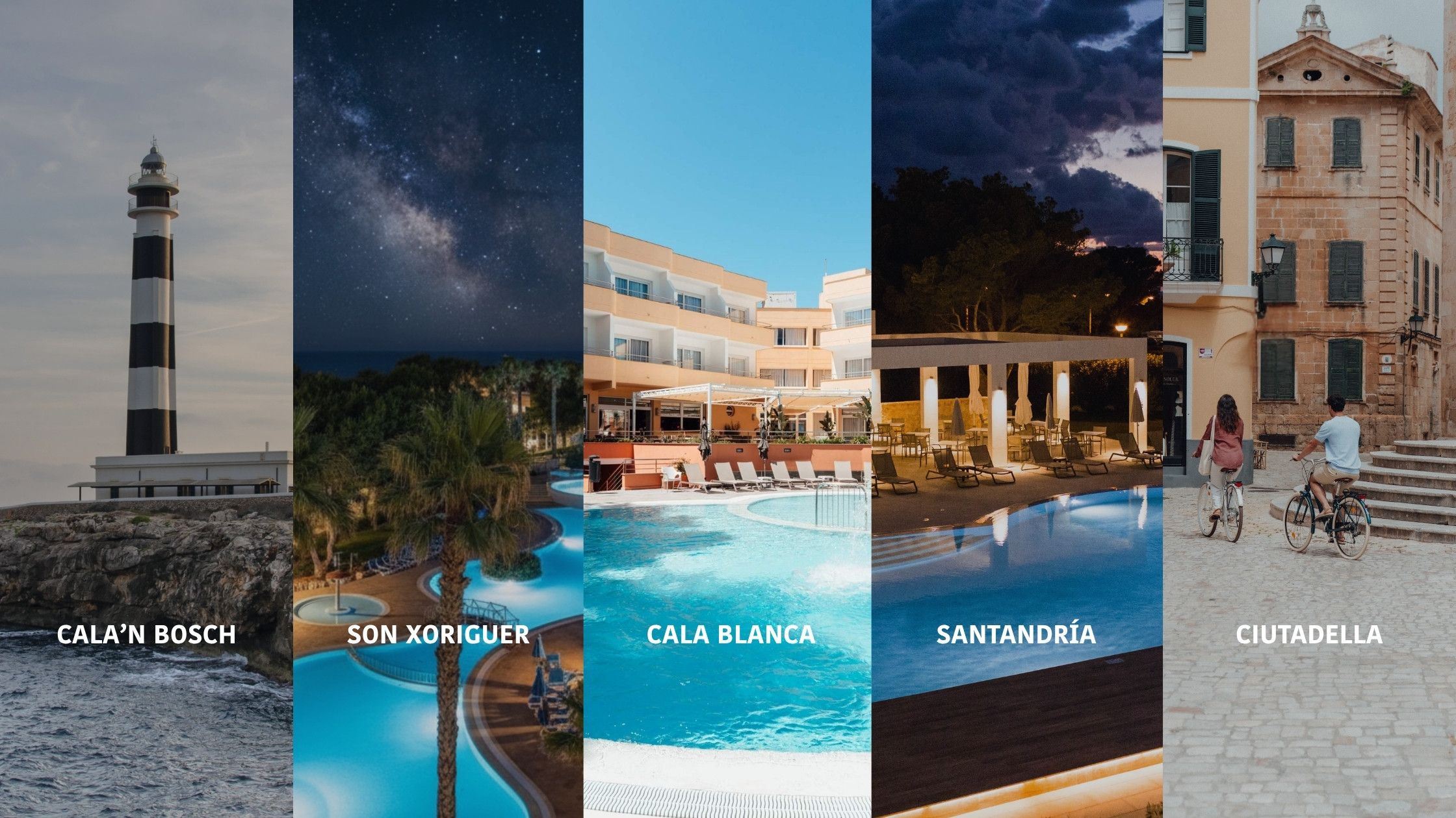 Zonas de alojamiento de Sagitario Hotels en Menorca: Cala'n Bosch, Son Xoriguer, Cala Blanca, Santandria y Ciutadella