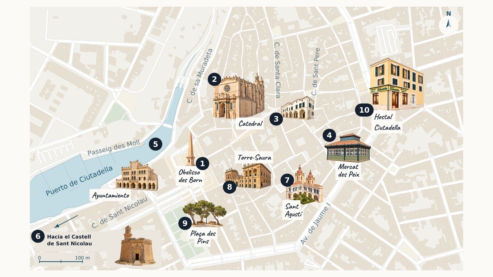 Illustrated map of Ciutadella de Menorca’s historic centre and harbour, with ten numbered places of interest